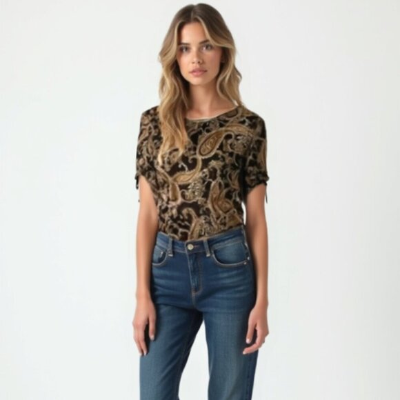 ❤️ TAMARA H. Paisley Print Women's Top - Black and Brown L - Picture 1 of 9